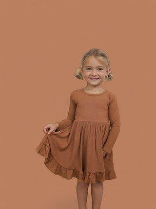 ESPRESSO LONG SLEEVE DREAM RUFFLE DRESS