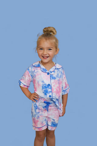 COTTON CANDY TIE DYE DREAM GIRL'S BUTTON DOWN SHORT SET