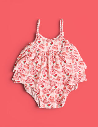 STRAWBERRY PARTY DELIGHT RUFFLED DREAM BUBBLE ROMPER