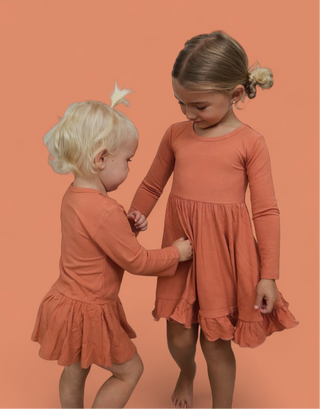 RUST LONG SLEEVE DREAM RUFFLE DRESS