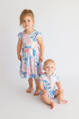 COTTON CANDY TIE DYE CAP SLEEVE DREAM RUFFLE DRESS