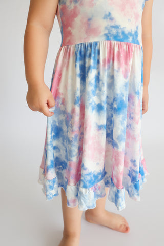 COTTON CANDY TIE DYE CAP SLEEVE DREAM RUFFLE DRESS