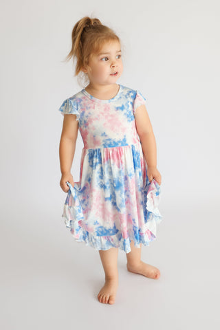 COTTON CANDY TIE DYE CAP SLEEVE DREAM RUFFLE DRESS