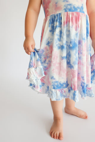 COTTON CANDY TIE DYE CAP SLEEVE DREAM RUFFLE DRESS
