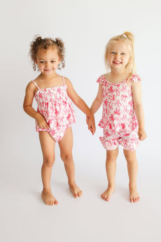 BOW CHECKERED CHARM DREAM SMOCKED TIERED BODYSUIT DRESS