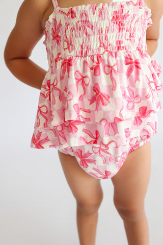 BOW CHECKERED CHARM DREAM SMOCKED TIERED BODYSUIT DRESS