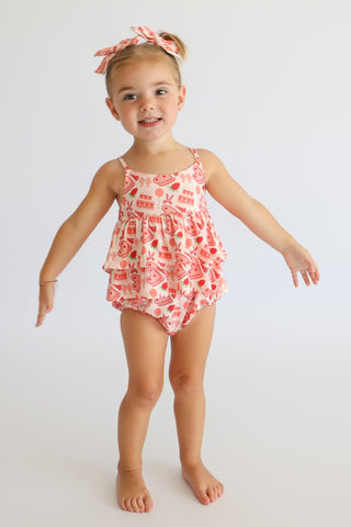 STRAWBERRY PARTY DELIGHT RUFFLED DREAM BUBBLE ROMPER