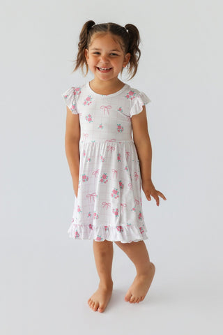 TIED WITH ROSES DREAM CAP SLEEVE RUFFLE DRESS