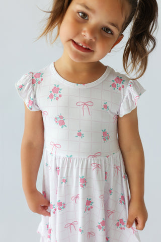 TIED WITH ROSES DREAM CAP SLEEVE RUFFLE DRESS