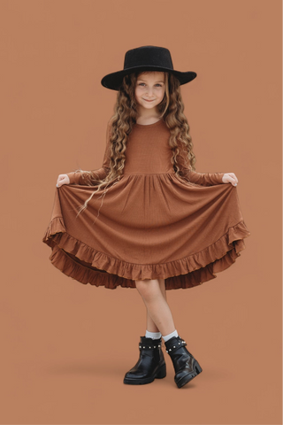 ESPRESSO LONG SLEEVE DREAM RUFFLE DRESS