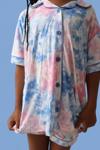 COTTON CANDY TIE DYE DREAM GIRL'S BUTTON DOWN SHORT SET