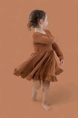 ESPRESSO LONG SLEEVE DREAM RUFFLE DRESS