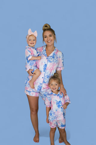 COTTON CANDY TIE DYE DREAM GIRL'S BUTTON DOWN SHORT SET