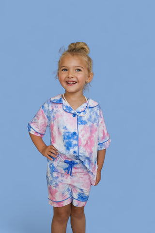 COTTON CANDY TIE DYE DREAM GIRL'S BUTTON DOWN SHORT SET