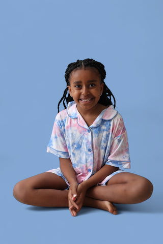 COTTON CANDY TIE DYE DREAM GIRL'S BUTTON DOWN SHORT SET