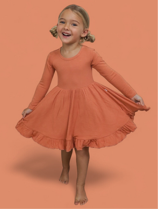 RUST LONG SLEEVE DREAM RUFFLE DRESS
