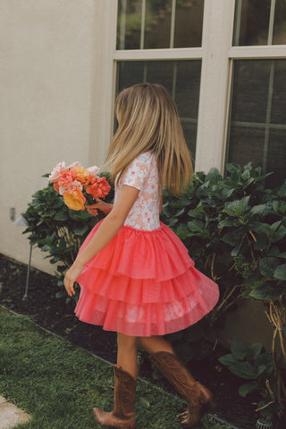 young girl's long brown dress flowers short ruffled sleeves KINSLEY'S BLOOM & BOOTS DREAM TUTU DRESS