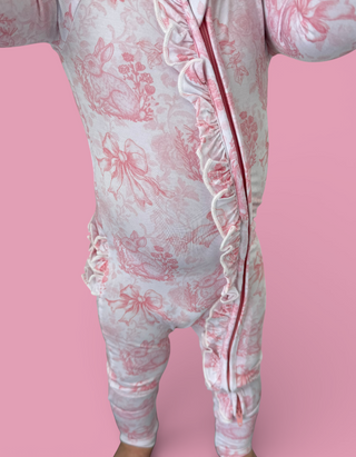 BLUSH BUNNY TOILE DREAM RUFFLE ROMPER