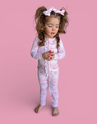 BLUSH BUNNY TOILE DREAM RUFFLE ROMPER