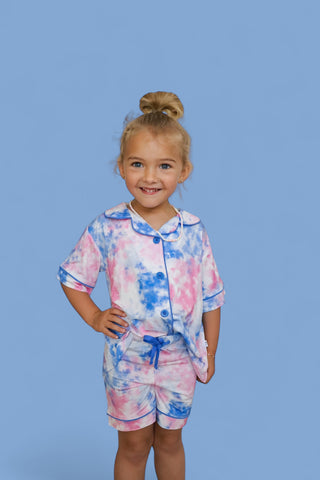 COTTON CANDY TIE DYE DREAM GIRL'S BUTTON DOWN SHORT SET