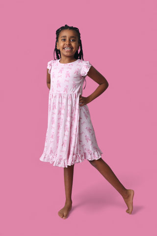 BALLET BOW BLISS DREAM CAP SLEEVE RUFFLE DRESS