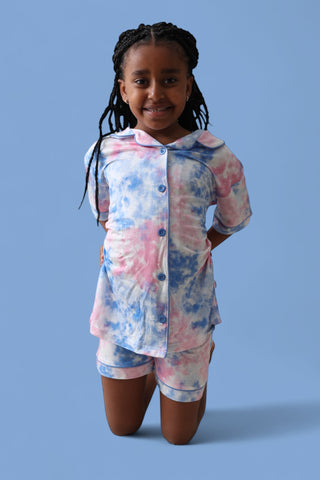 COTTON CANDY TIE DYE DREAM GIRL'S BUTTON DOWN SHORT SET