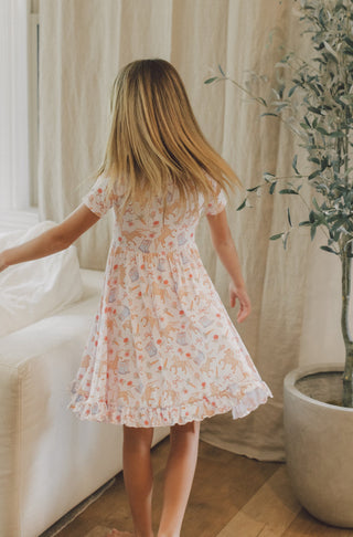 young girl's long brown dress flowers short ruffled sleeves KINSLEY'S BLOOM & BOOTS DREAM RUFFLE DRESS