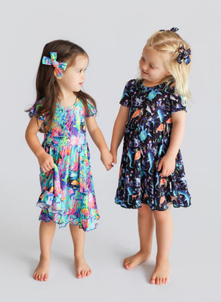 OCEAN GLOW CAP SLEEVE DREAM RUFFLE DRESS