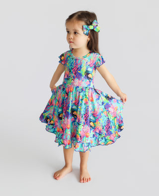 OCEAN GLOW CAP SLEEVE DREAM RUFFLE DRESS