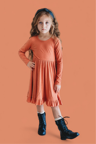 RUST LONG SLEEVE DREAM RUFFLE DRESS