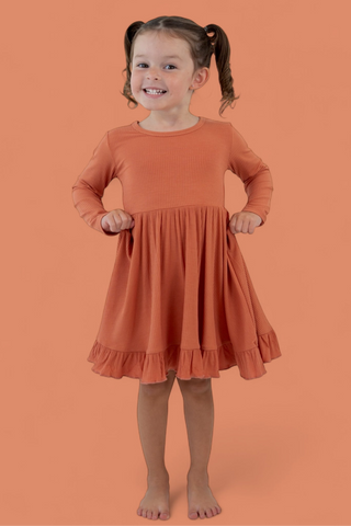 RUST LONG SLEEVE DREAM RUFFLE DRESS