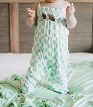 MINT CHECKERS DREAM SMOCKED JUMPSUIT