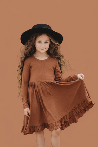 ESPRESSO LONG SLEEVE DREAM RUFFLE DRESS