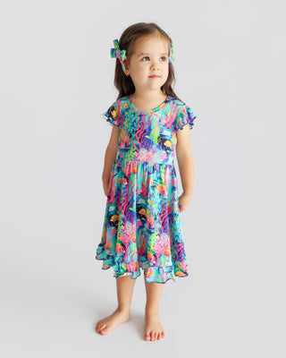 OCEAN GLOW CAP SLEEVE DREAM RUFFLE DRESS