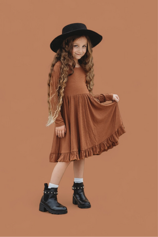 ESPRESSO LONG SLEEVE DREAM RUFFLE DRESS