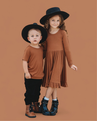ESPRESSO LONG SLEEVE DREAM RUFFLE DRESS
