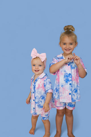 COTTON CANDY TIE DYE DREAM GIRL'S BUTTON DOWN SHORT SET
