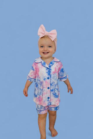 COTTON CANDY TIE DYE DREAM GIRL'S BUTTON DOWN SHORT SET