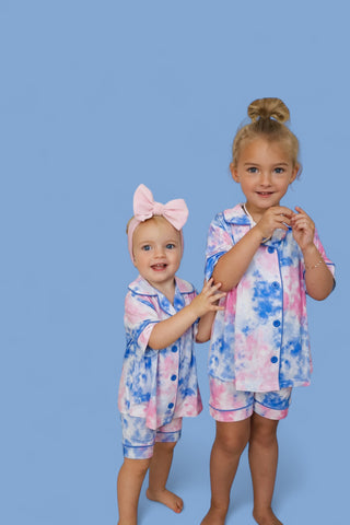 COTTON CANDY TIE DYE DREAM GIRL'S BUTTON DOWN SHORT SET