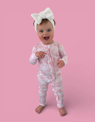 BLUSH BUNNY TOILE DREAM RUFFLE ROMPER