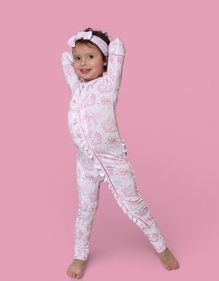BLUSH BUNNY TOILE DREAM RUFFLE ROMPER