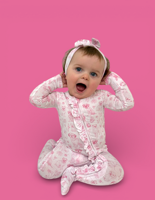 PINK PUPPY TOILE DREAM RUFFLE ROMPER