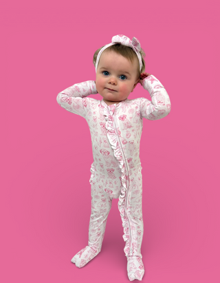 PINK PUPPY TOILE DREAM RUFFLE ROMPER