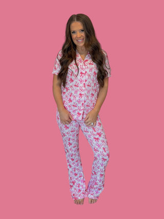 BOW CHECKERED CHARM SHORT SLEEVE WOMEN’S RELAXED FLARE DREAM SET