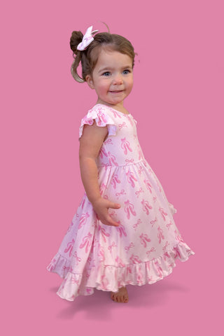 BALLET BOW BLISS DREAM CAP SLEEVE RUFFLE DRESS